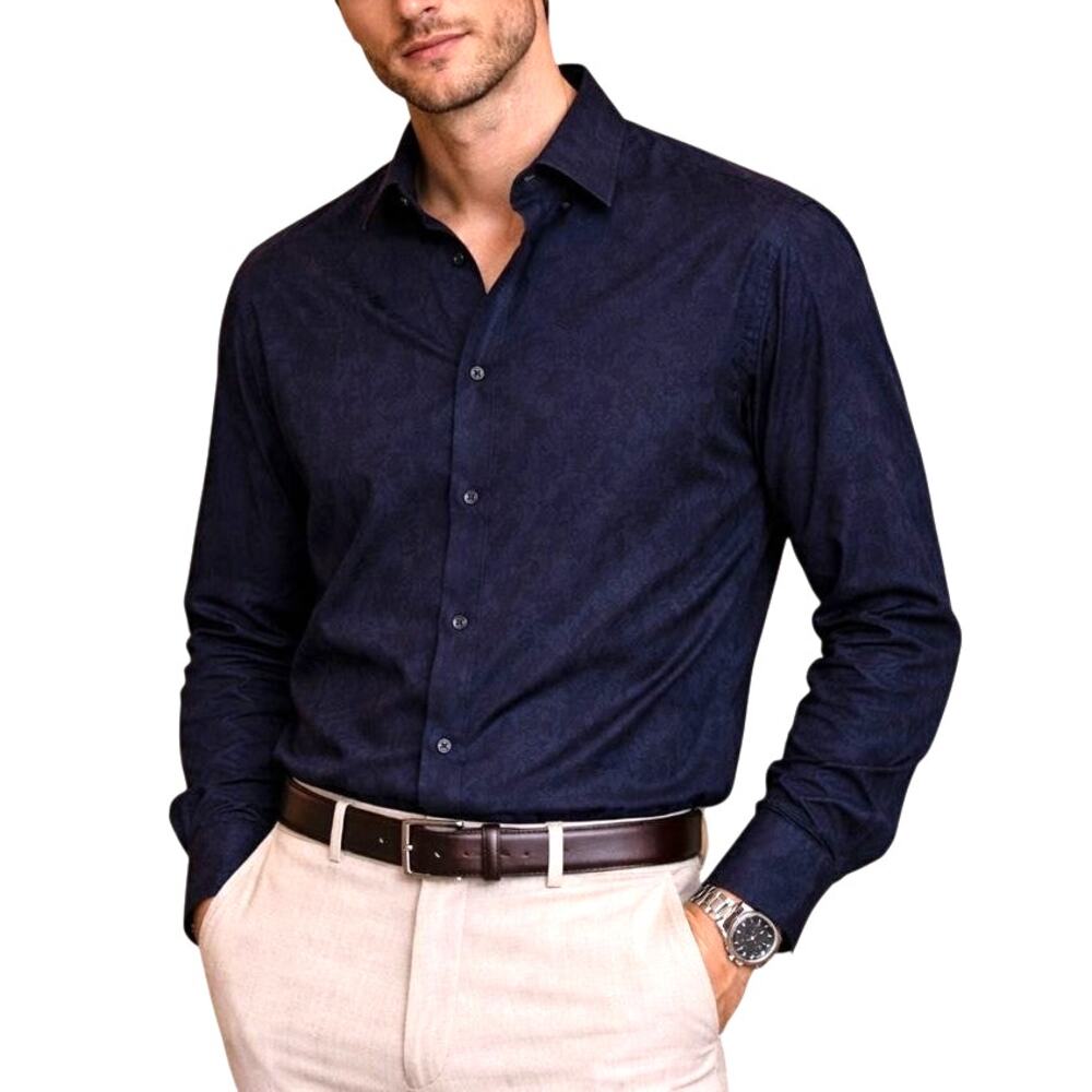 Gallia Mens Long Sleeve Cotton Button Up Shirt Size XL Dark Blue Floral Italian